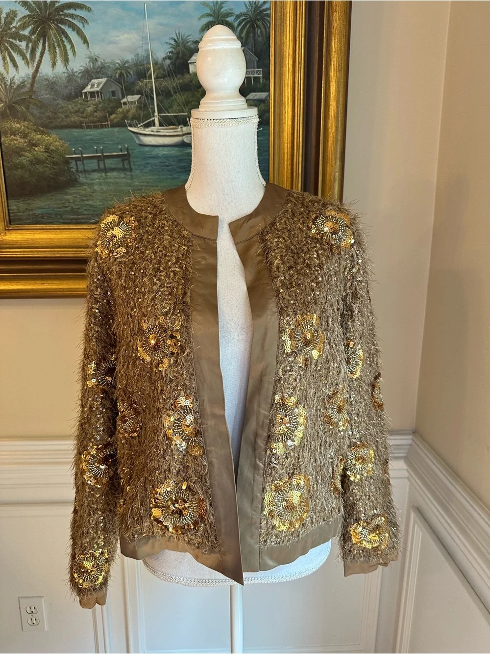 ZARA Brown Gold Fur Sequin Beaded Collarless Jacket